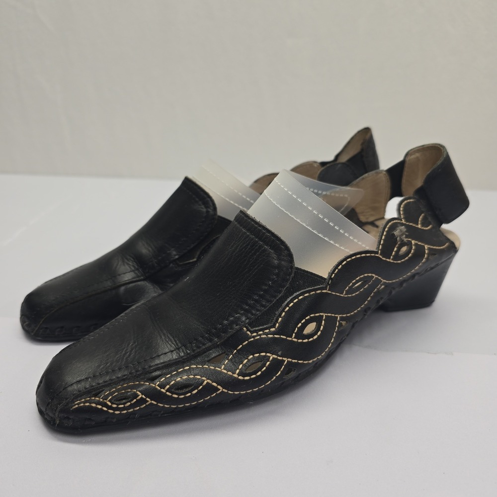 Pikolinos Womens Black Leather Slingback Wedge Shoes Cutout Detail Size 38